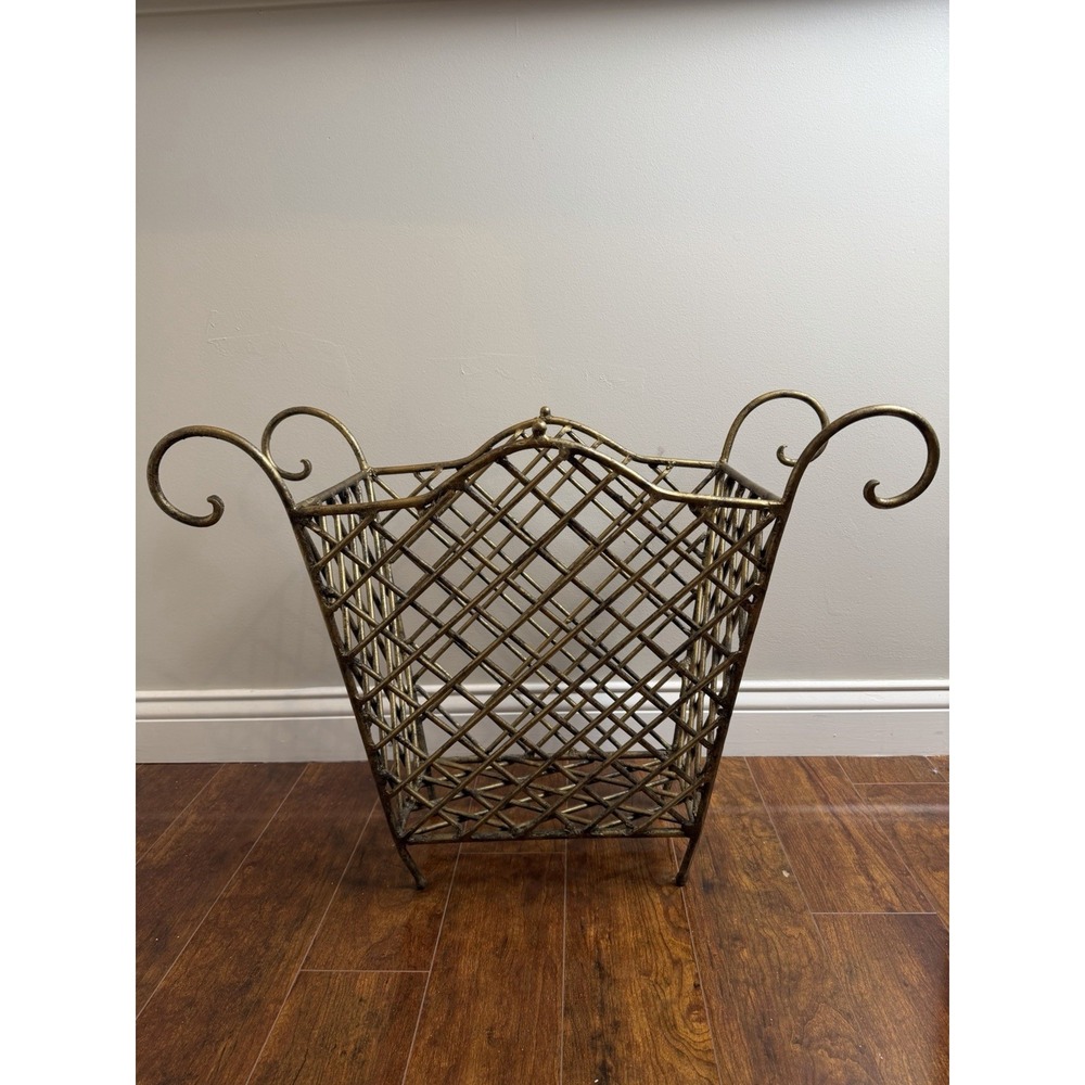 Large Gold Metal Decorative Basket Scroll Handles Square Storage Bin Decor